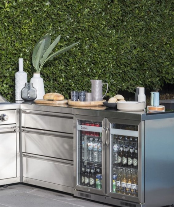 L-shaped Stainless Steel Modular Outdoor Kitchen with Double BBQ, Double Refrigerator and a Sink. 8ft by 7ft - Sunzout Outdoor Spaces LLC