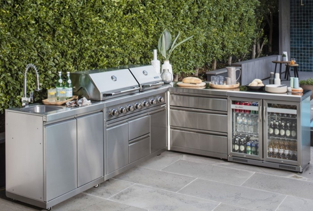 L-shaped Stainless Steel Modular Outdoor Kitchen with Double BBQ, Double Refrigerator and a Sink. 8ft by 7ft - Sunzout Outdoor Spaces LLC
