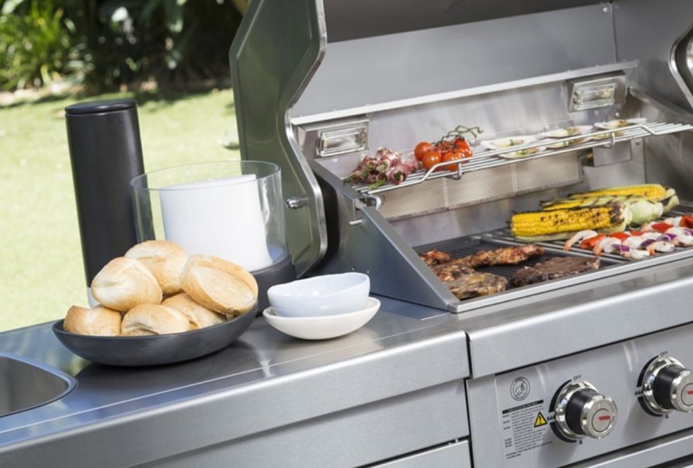 L-shaped Stainless Steel Modular Outdoor Kitchen with Double BBQ, Double Refrigerator and a Sink. 8ft by 7ft - Sunzout Outdoor Spaces LLC