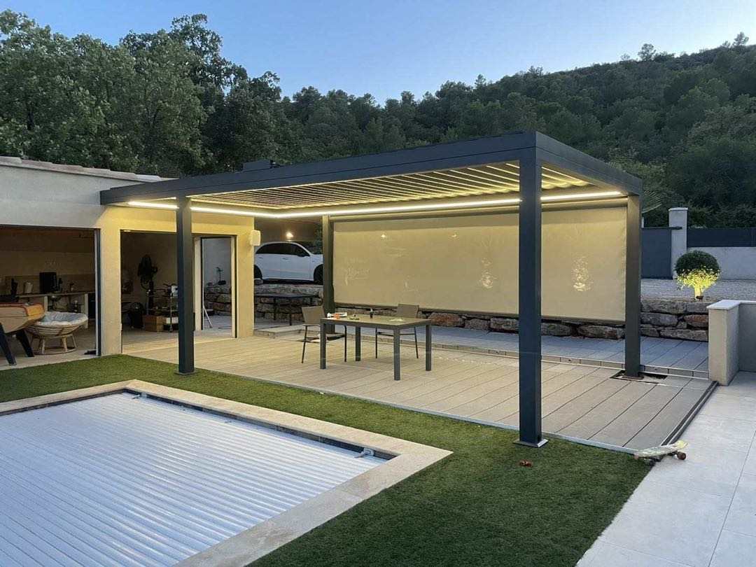 Outdoor Motorized Sunshade Pergola- Retractable with LED Lighting - Sunzout Outdoor Spaces LLC