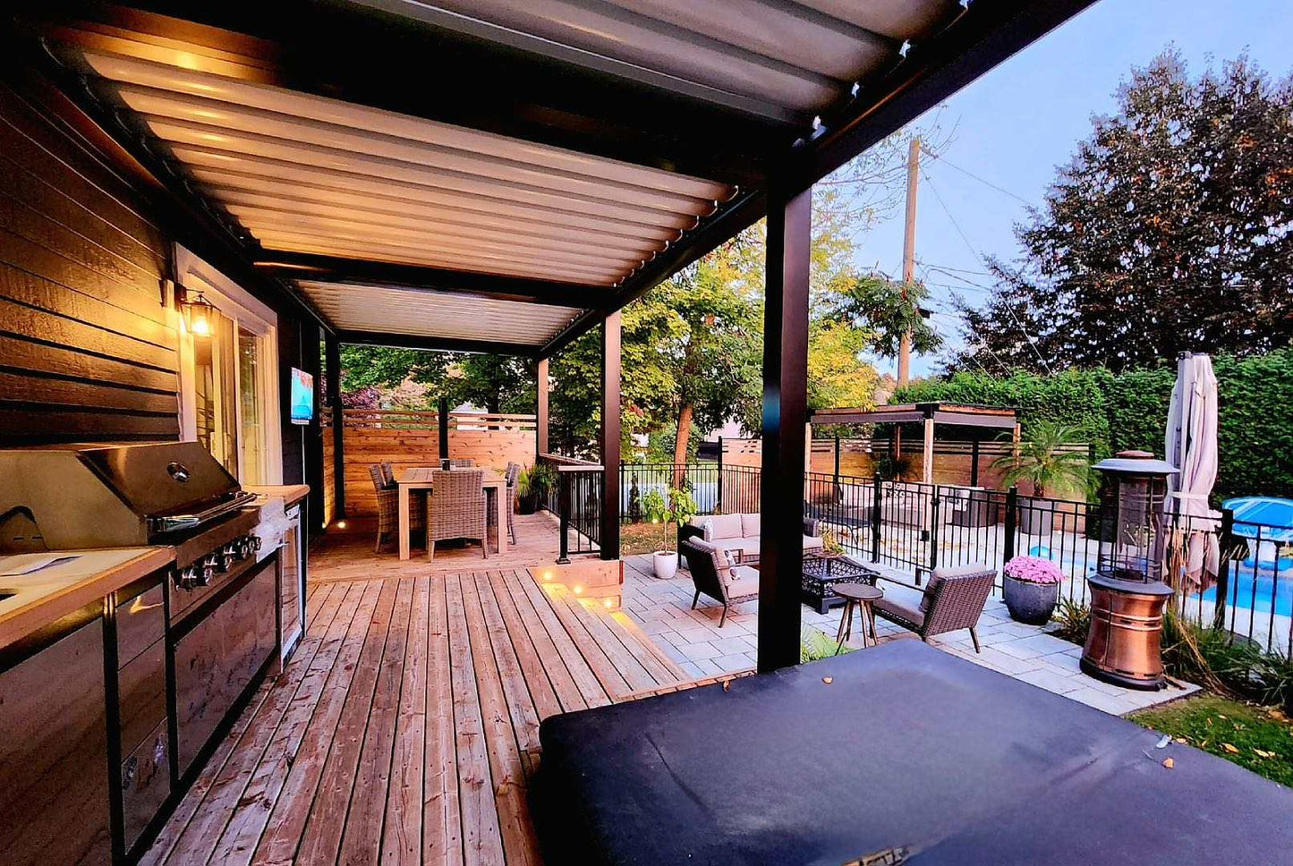 Outdoor Motorized Sunshade Pergola- Retractable with LED Lighting - Sunzout Outdoor Spaces LLC