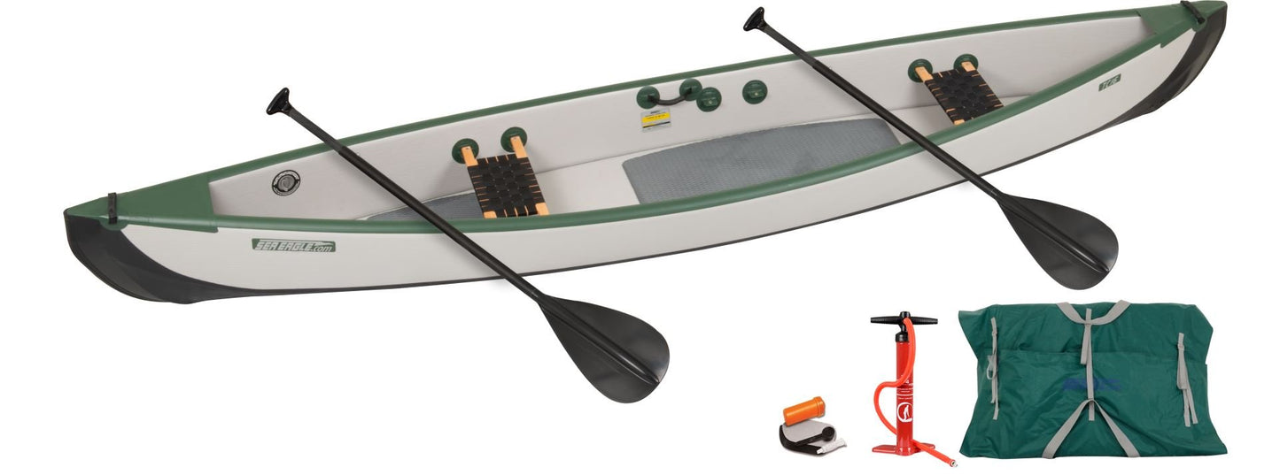 Sea Eagle Inflatable Travel Canoe 16 Wood/Web Seats 2 Person Start Up Package