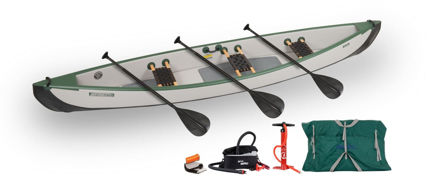 Sea Eagle Inflatable Travel Canoe 16 Wood/Web Seats for 3 Electric Pump Package