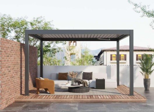 Standard Size Aluminum Pergola kit with Motorized Louvered Roof, 4 inch posts - Sunzout Outdoor Spaces LLC