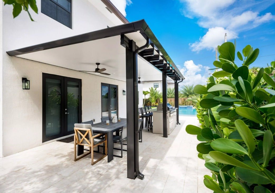 The Contempo Decorative Solid Roof Patio Cover with Truss Ends, Pricing per square foot - Sunzout Outdoor Spaces LLC