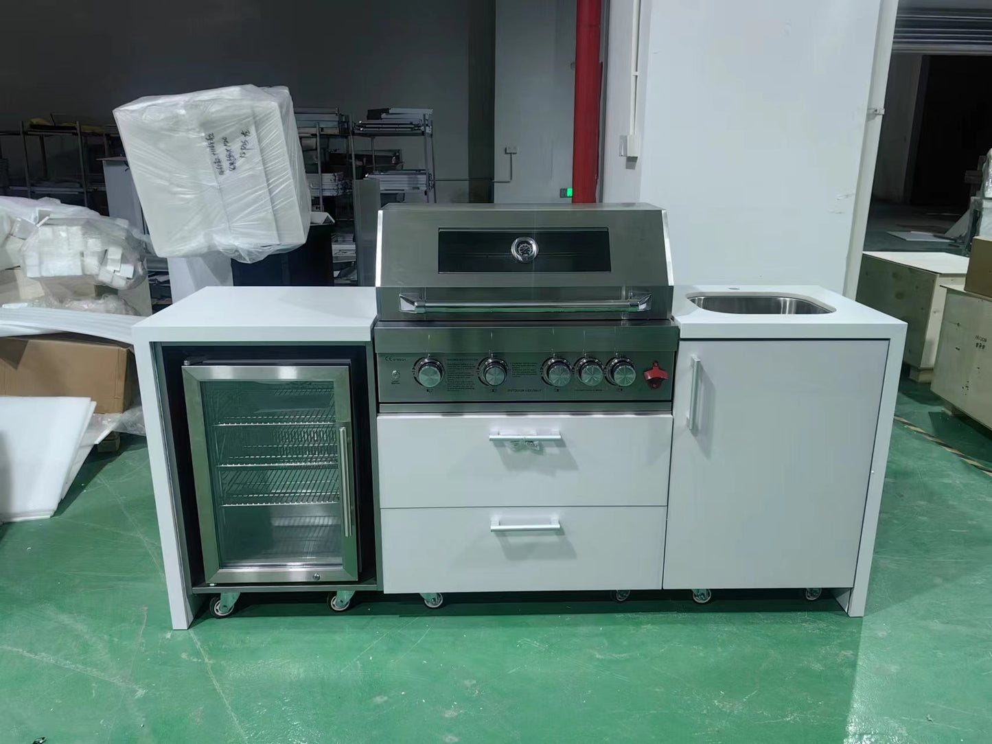 White Stainless Steel Outdoor Kitchen with Grill, Sink and Refrigerator - Sunzout Outdoor Spaces LLC