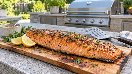 Cedar-plank salmon with maple-Dijon glaze, fresh herbs and lemon served beside an outdoor grill.