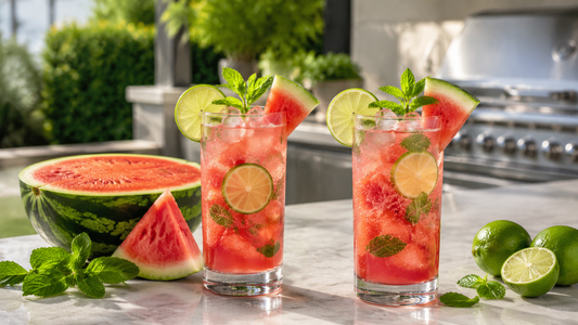 Sparkling watermelon lime mocktails served in an outdoor kitchen