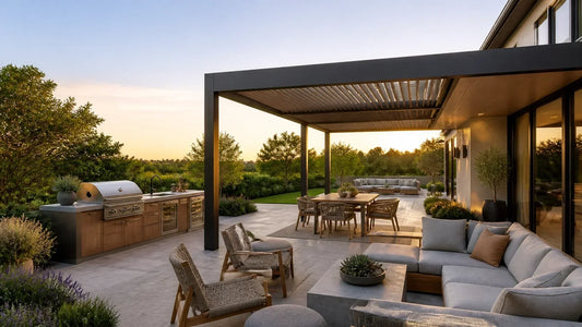 Coordinated outdoor living room with a pergola, outdoor kitchen, dining area, and lounge furniture