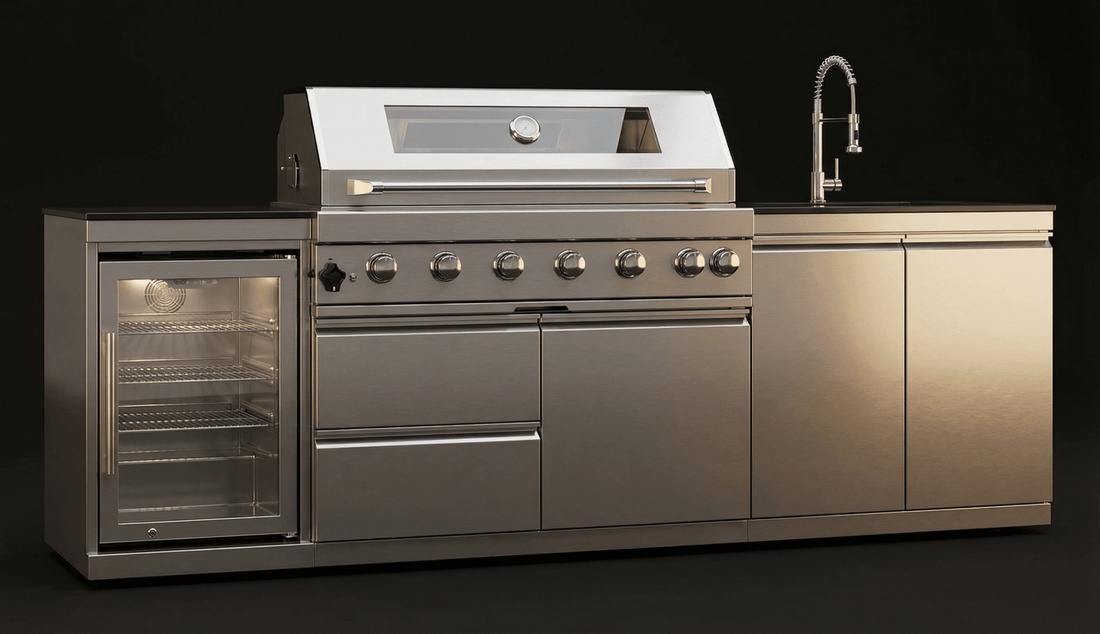 Elevate Your Outdoor Living Experience with the Sunzout 96 Inch Stainless Steel Modular Kitchen Featuring Motorized Aluminum Pergolas and Comfortable Teak Sofa Sets - Sunzout Outdoor Spaces LLC