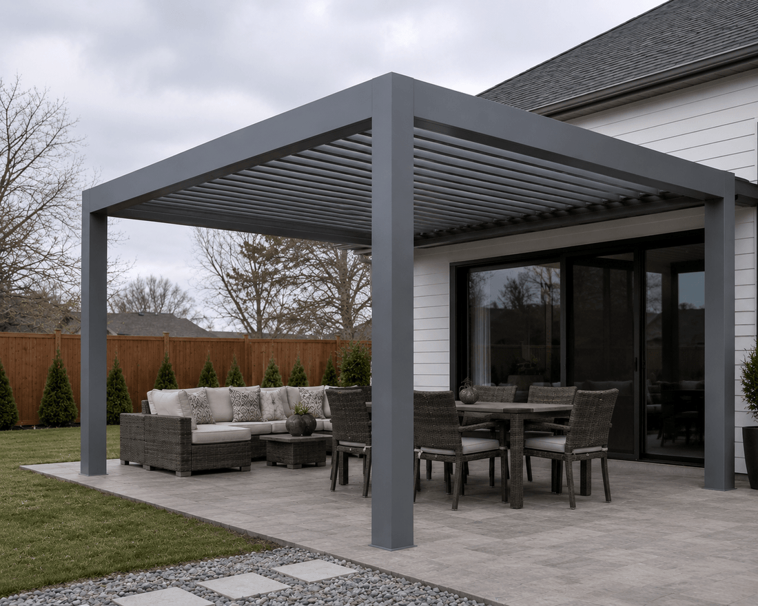 Grey Aluminum Pergola with Motorized Louvered Roof