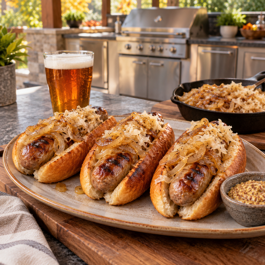 Grilled Oktoberfest Bratwurst With Beer-Braised Onions - Sunzout Outdoor Spaces LLC