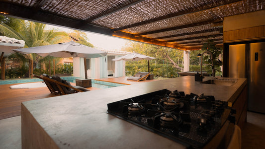 Modern outdoor kitchen and pool area