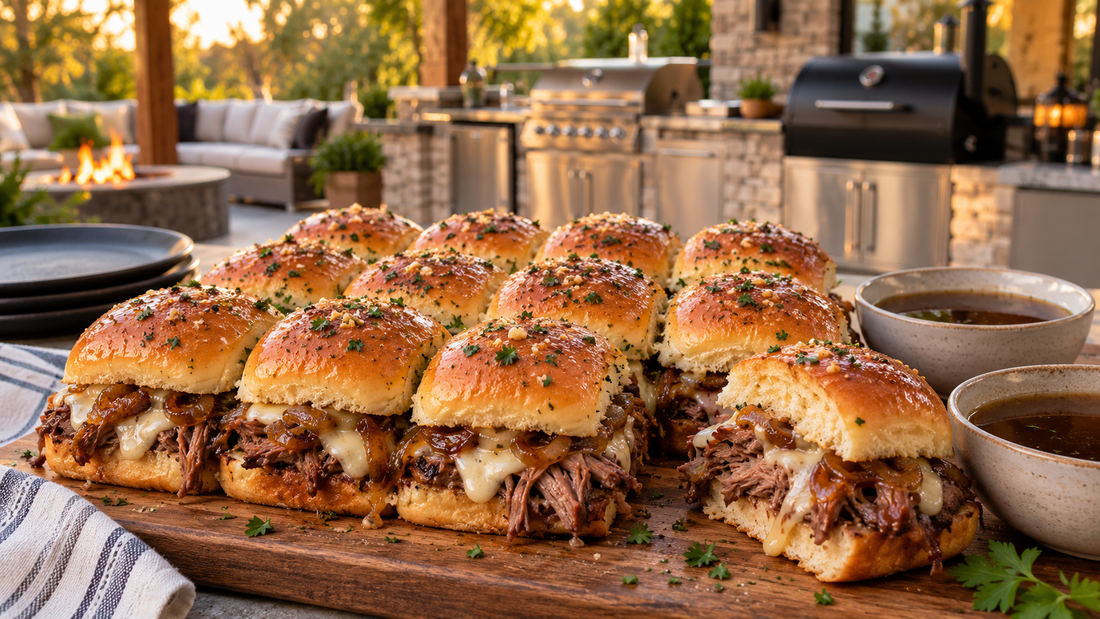 Smoked French Dip Sliders With Caramelized Onions and Au Jus - Sunzout Outdoor Spaces LLC