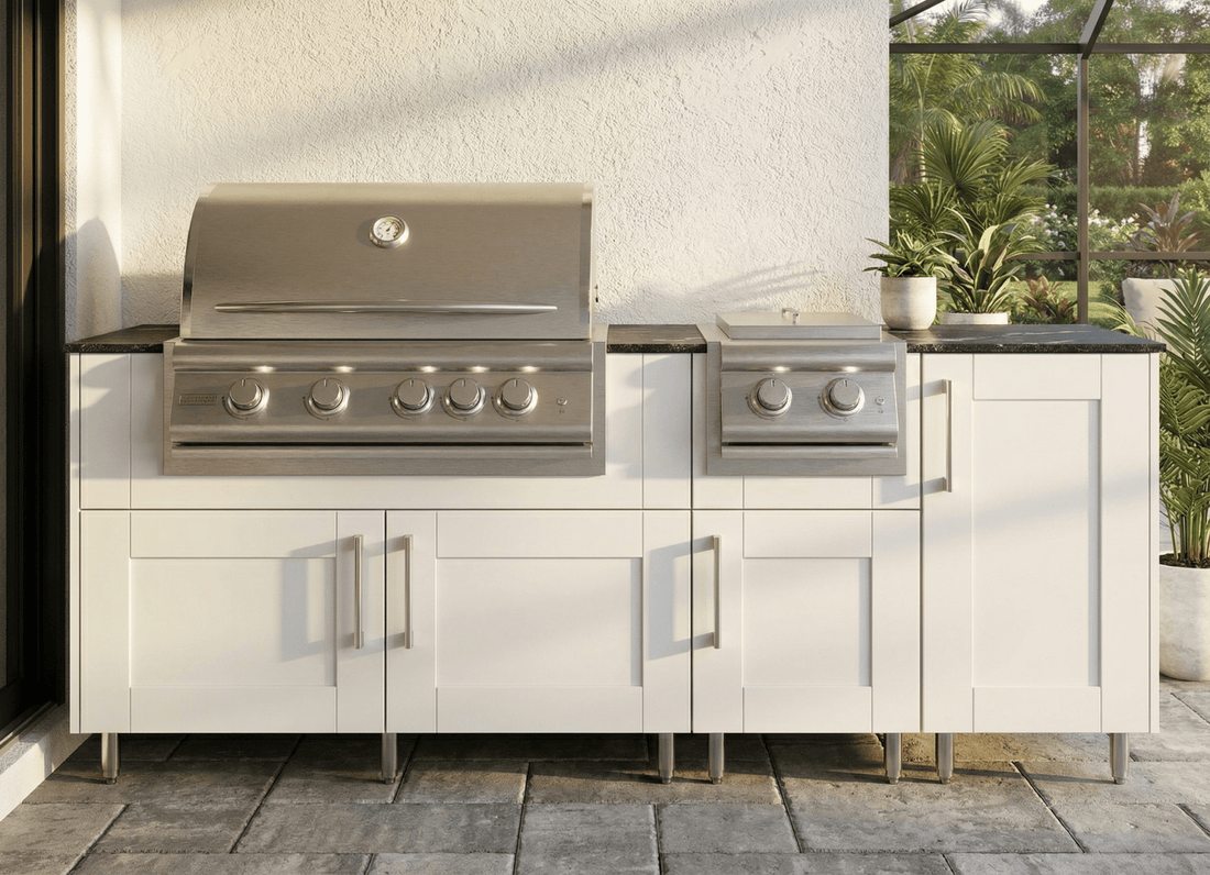 Transform Your Backyard with 7 Ft WeatherStrong Outdoor Kitchen Island and Sunzout Motorized Pergolas Encompassing Luxury Aluminum and Stainless Steel Elements - Sunzout Outdoor Spaces LLC
