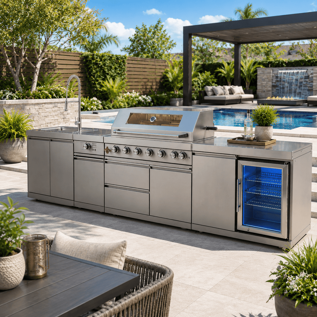 Transform Your Space with Stainless Steel Elegance and Motorized Aluminum Pergolas Featuring Teak and Aluminum Sofa Sets - Sunzout Outdoor Spaces LLC