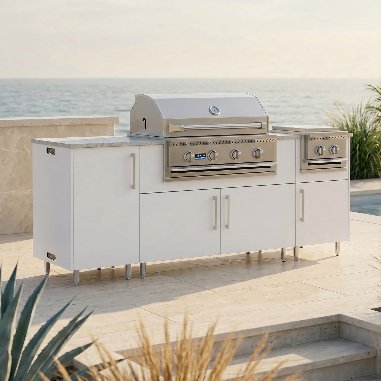 WeatherStrong 86" Sandbar HDPE Outdoor Kitchen Island with Grill & Side Burner