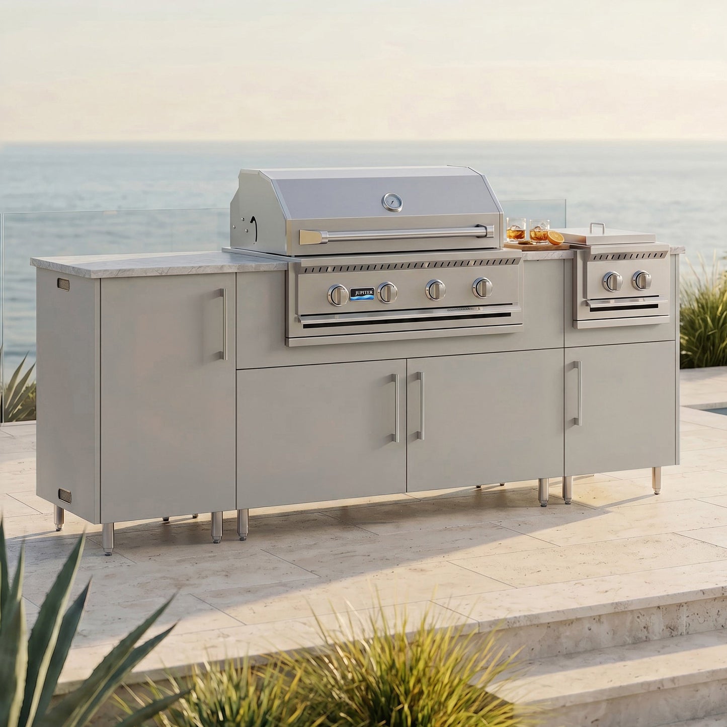 WeatherStrong 86" Sandbar HDPE Outdoor Kitchen Island with Grill & Side Burner