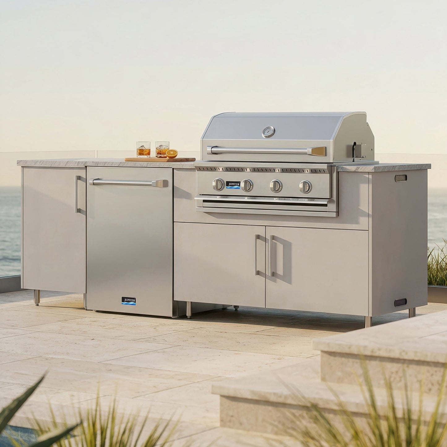 WeatherStrong 90" Bayside HDPE Outdoor Kitchen Island with Grill & Refrigerator