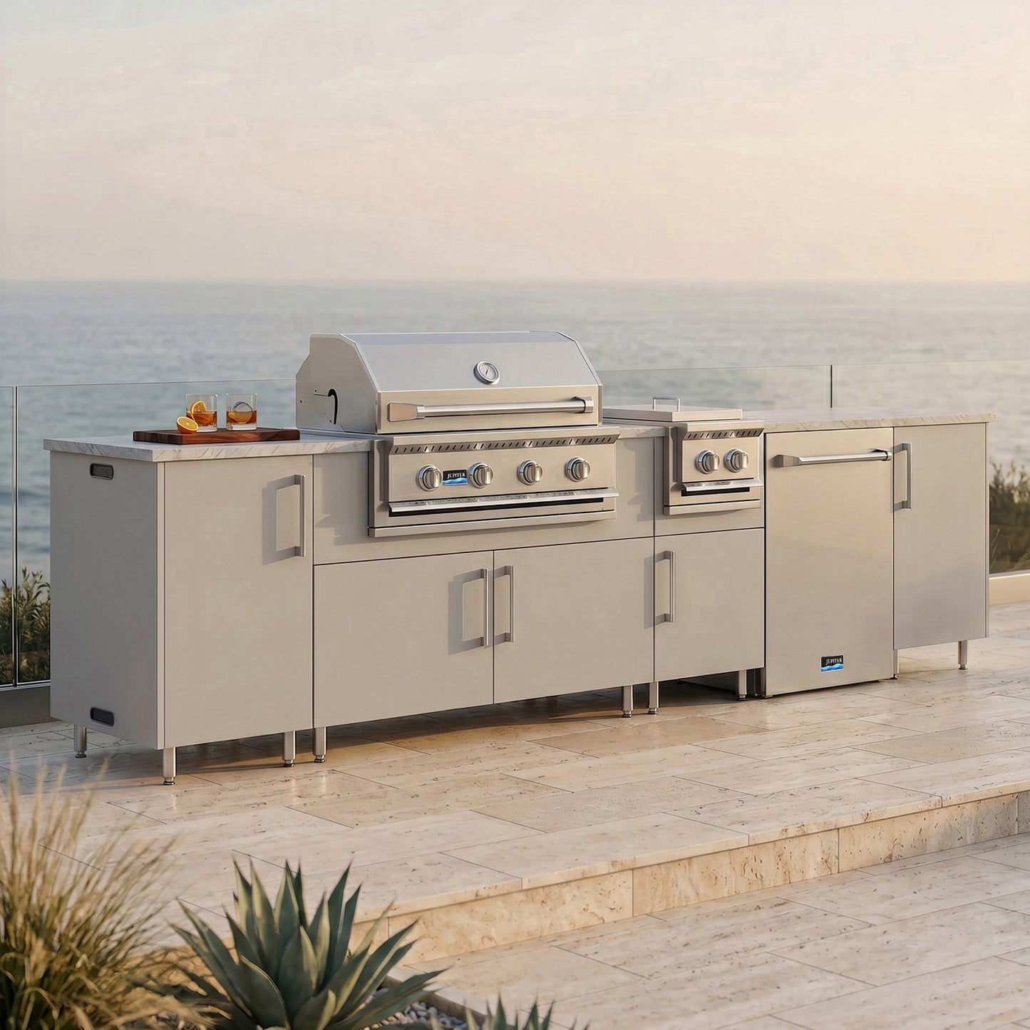 WeatherStrong 126" Breakwater HDPE Outdoor Kitchen Island with Grill, Side Burner & Refrigerator