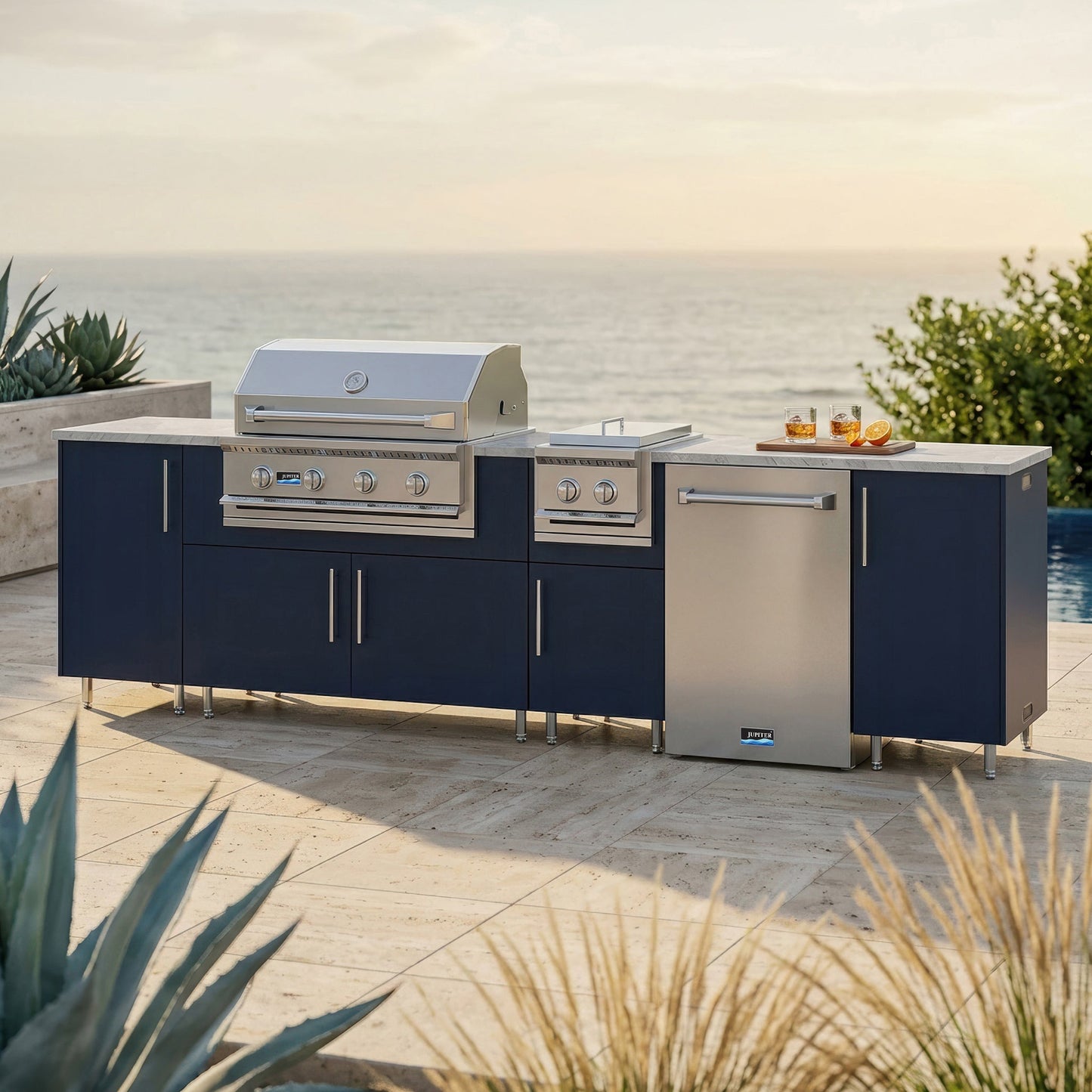 WeatherStrong 126" Breakwater HDPE Outdoor Kitchen Island with Grill, Side Burner & Refrigerator