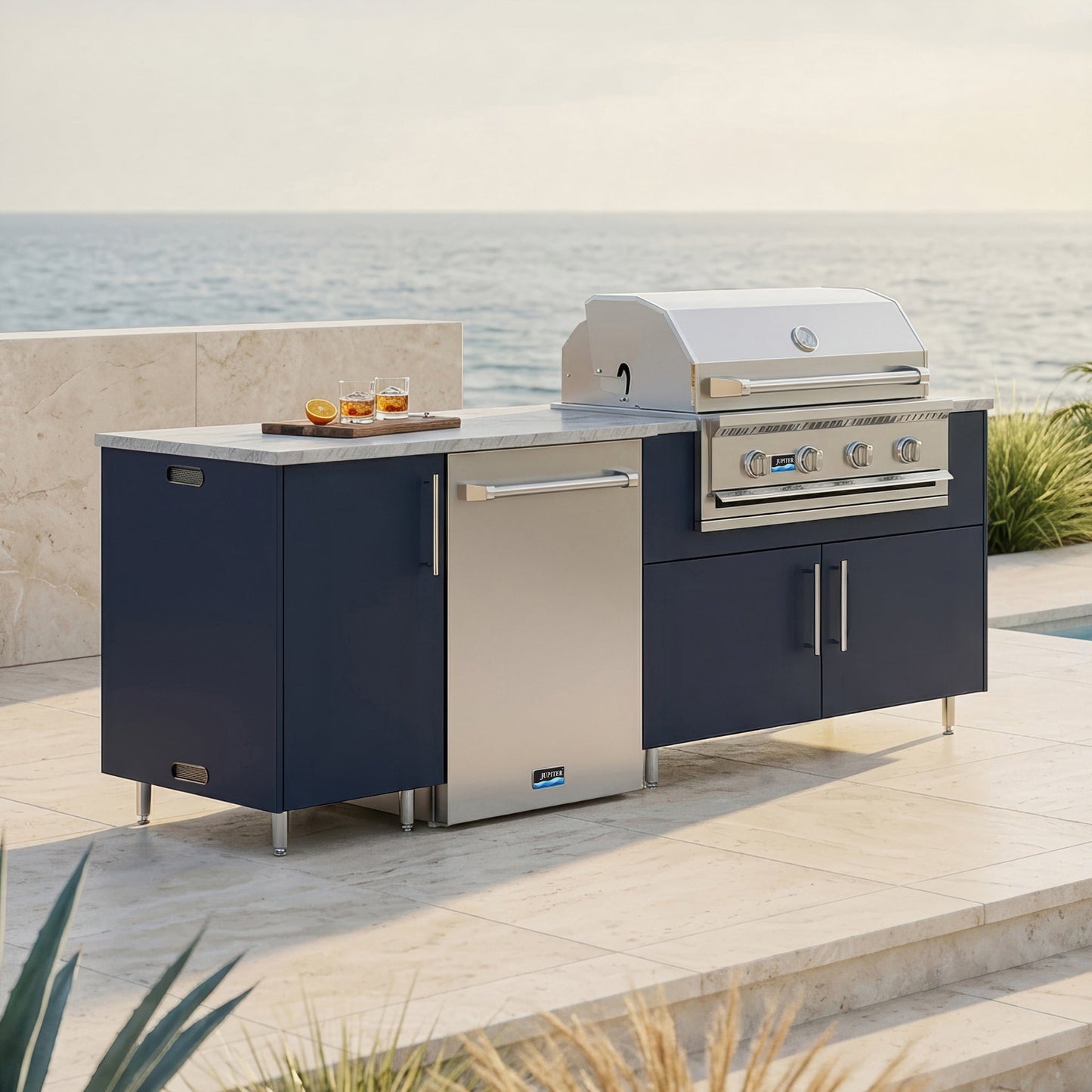 WeatherStrong 90" Bayside HDPE Outdoor Kitchen Island with Grill & Refrigerator