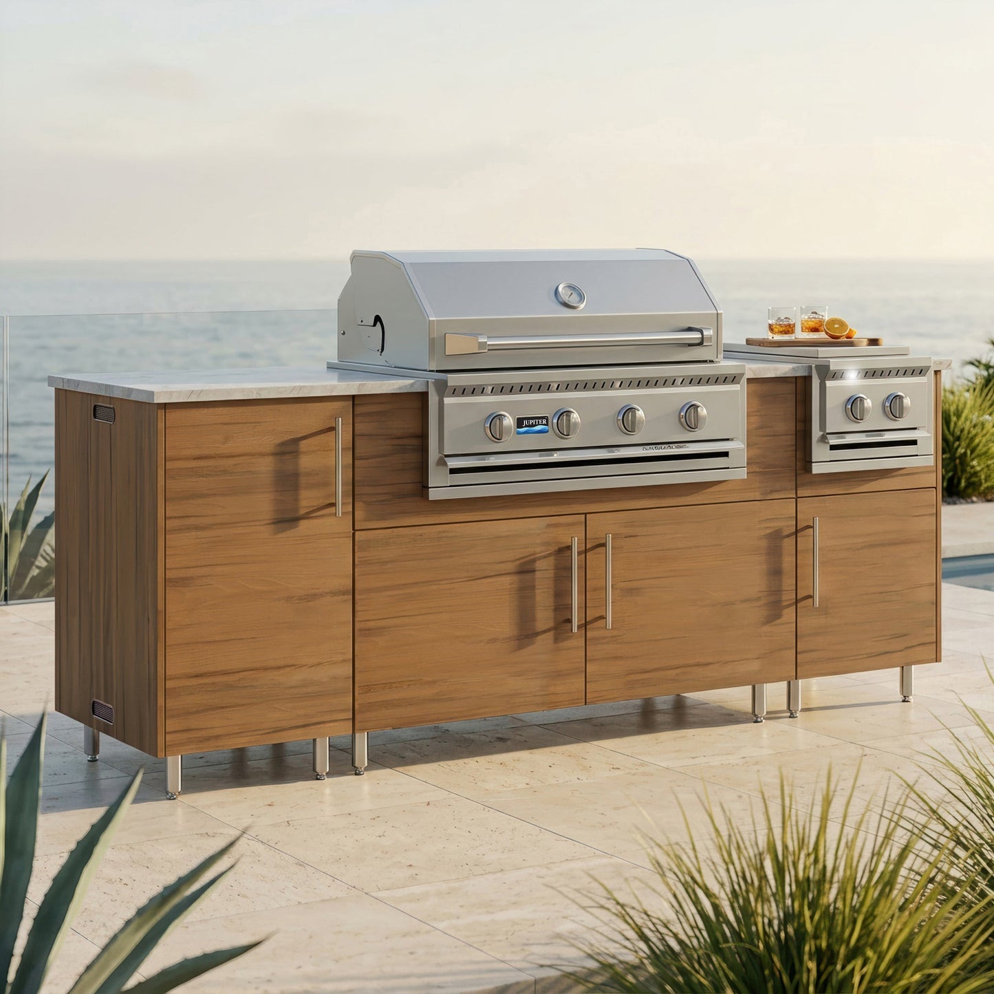 WeatherStrong 86" Sandbar HDPE Outdoor Kitchen Island with Grill & Side Burner