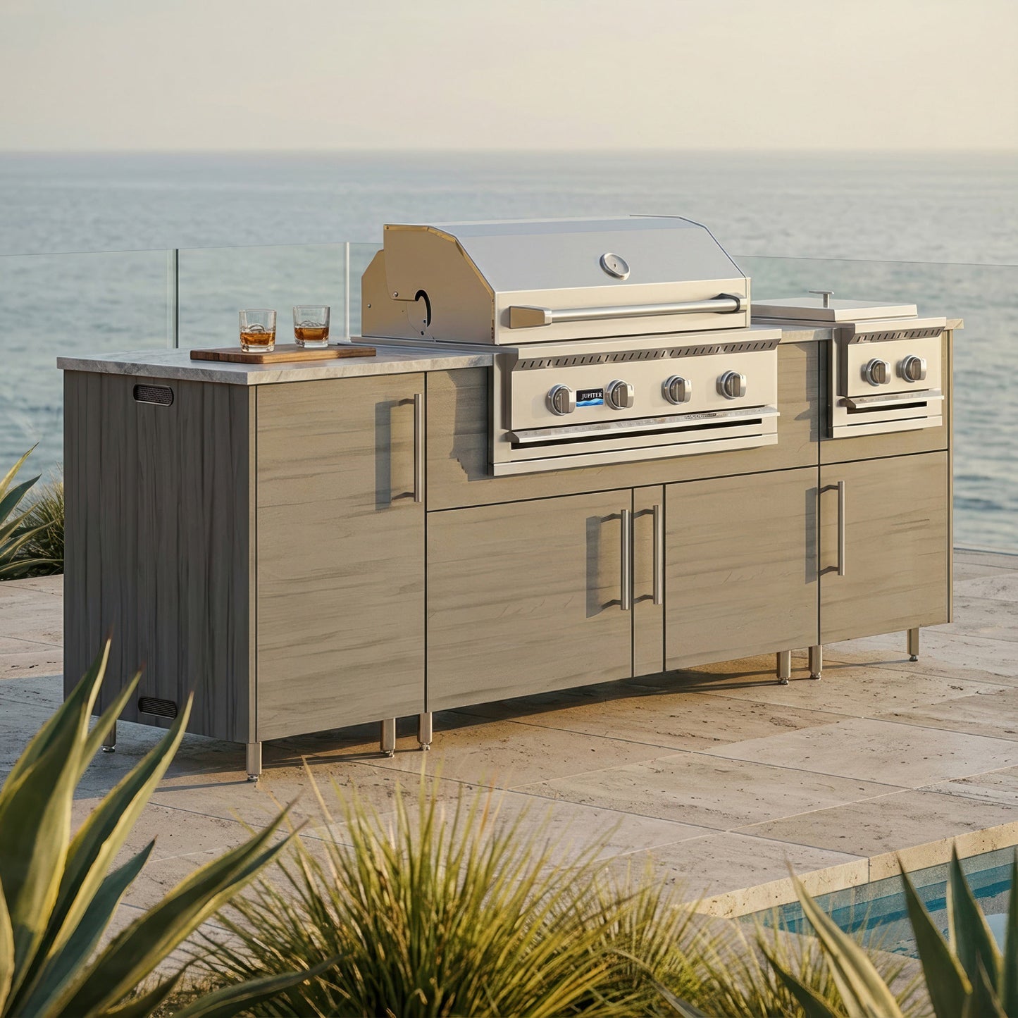 WeatherStrong 86" Sandbar HDPE Outdoor Kitchen Island with Grill & Side Burner