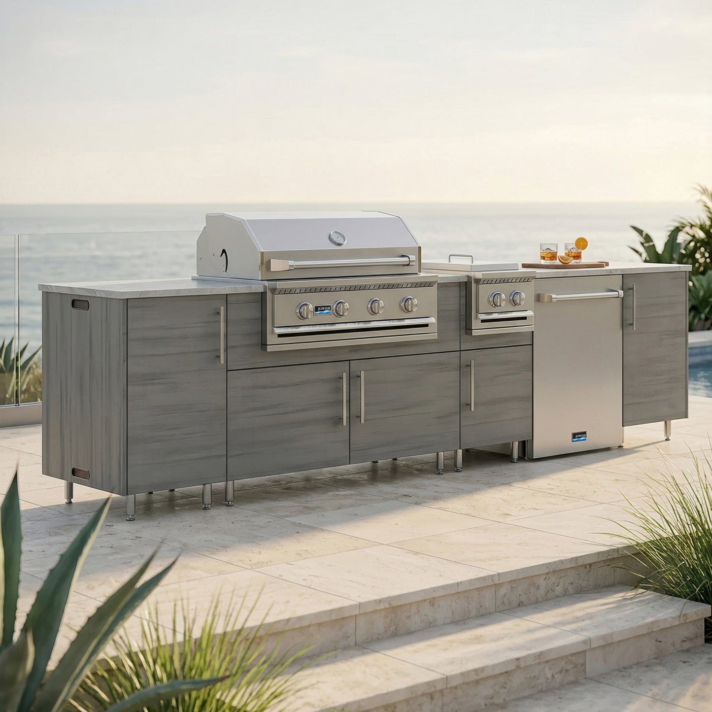 WeatherStrong 126" Breakwater HDPE Outdoor Kitchen Island with Grill, Side Burner & Refrigerator