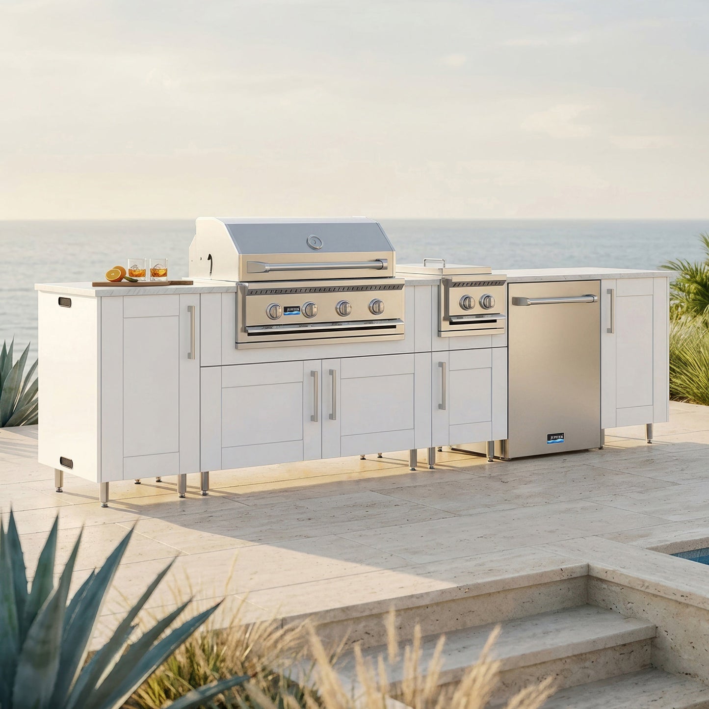 WeatherStrong 126" Breakwater HDPE Outdoor Kitchen Island with Grill, Side Burner & Refrigerator