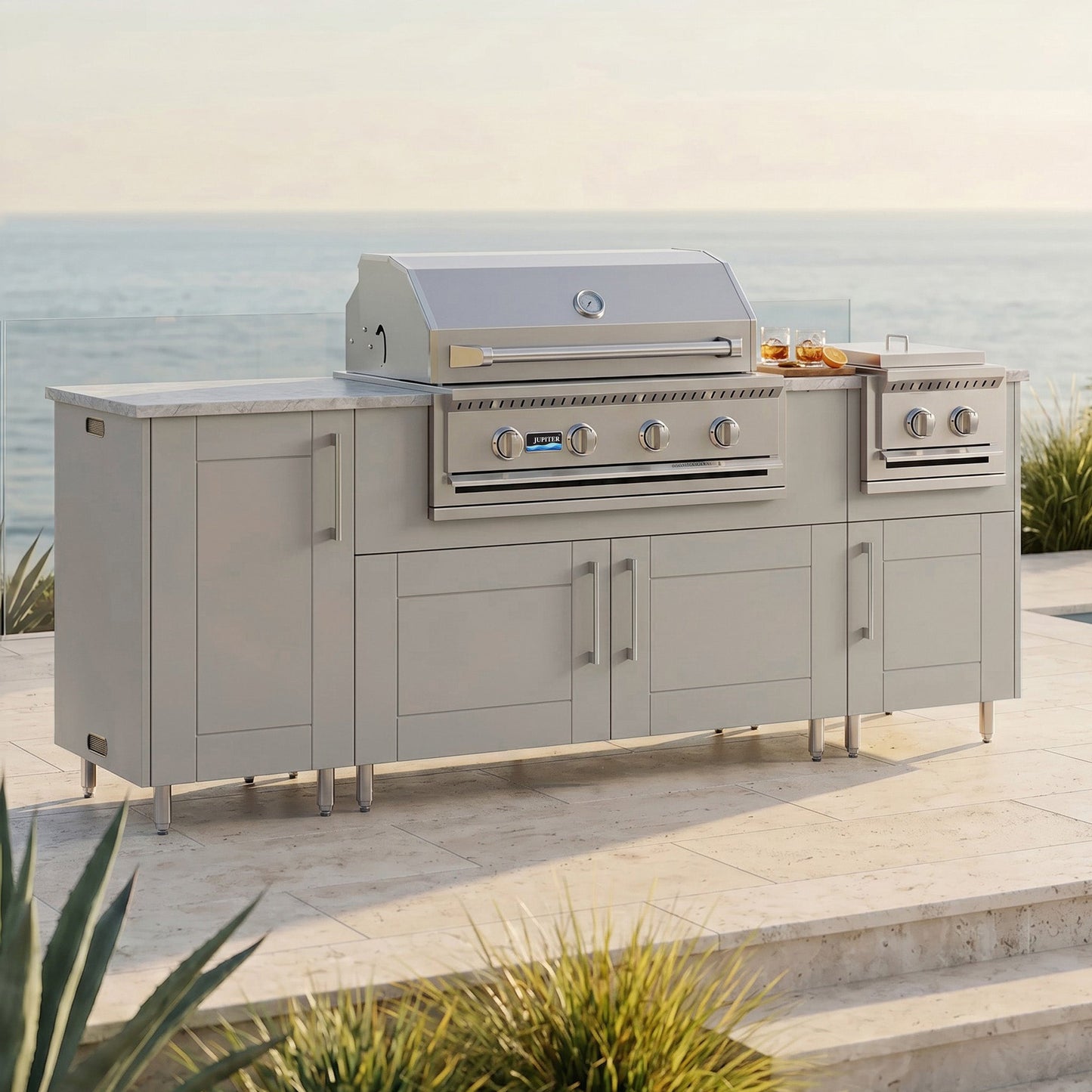 WeatherStrong 86" Sandbar HDPE Outdoor Kitchen Island with Grill & Side Burner