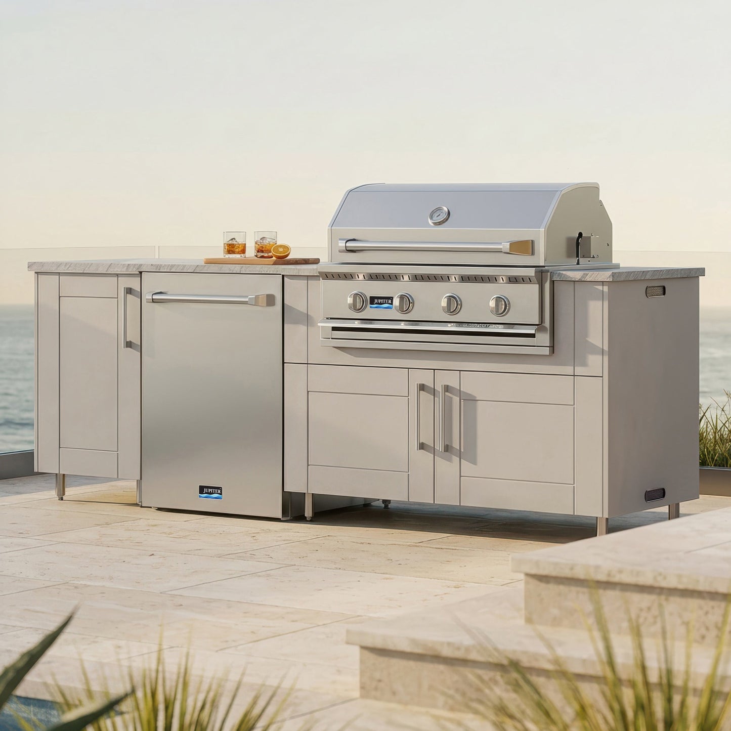 WeatherStrong 90" Bayside HDPE Outdoor Kitchen Island with Grill & Refrigerator