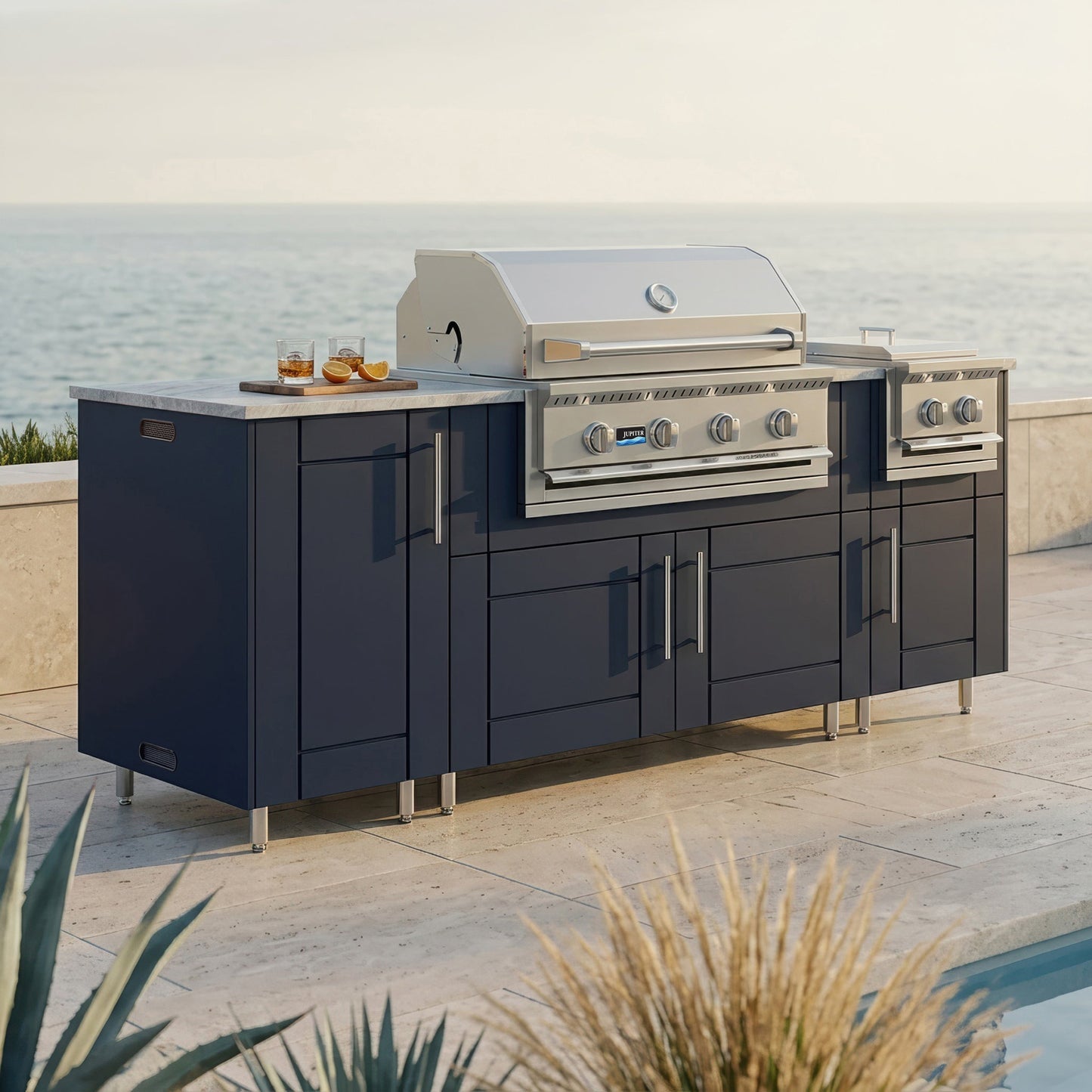 WeatherStrong 86" Sandbar HDPE Outdoor Kitchen Island with Grill & Side Burner