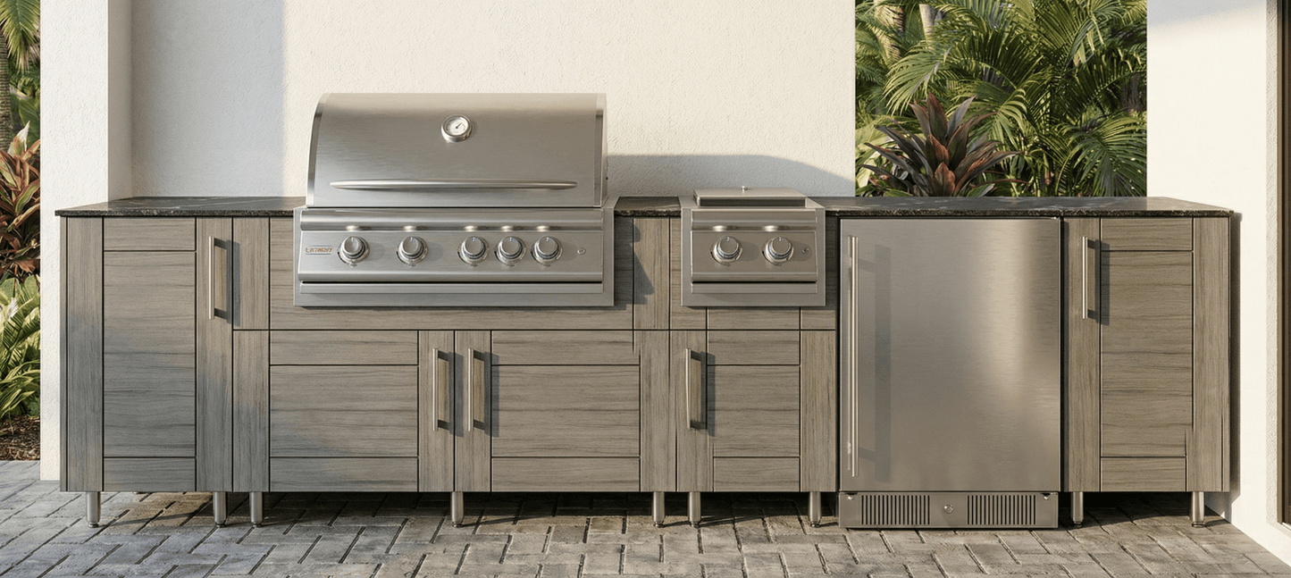10 1/2 Ft WeatherStrong Outdoor Kitchen Island Ready For Grill, Side Burner & Refrigerator - Sunzout Outdoor Spaces LLC