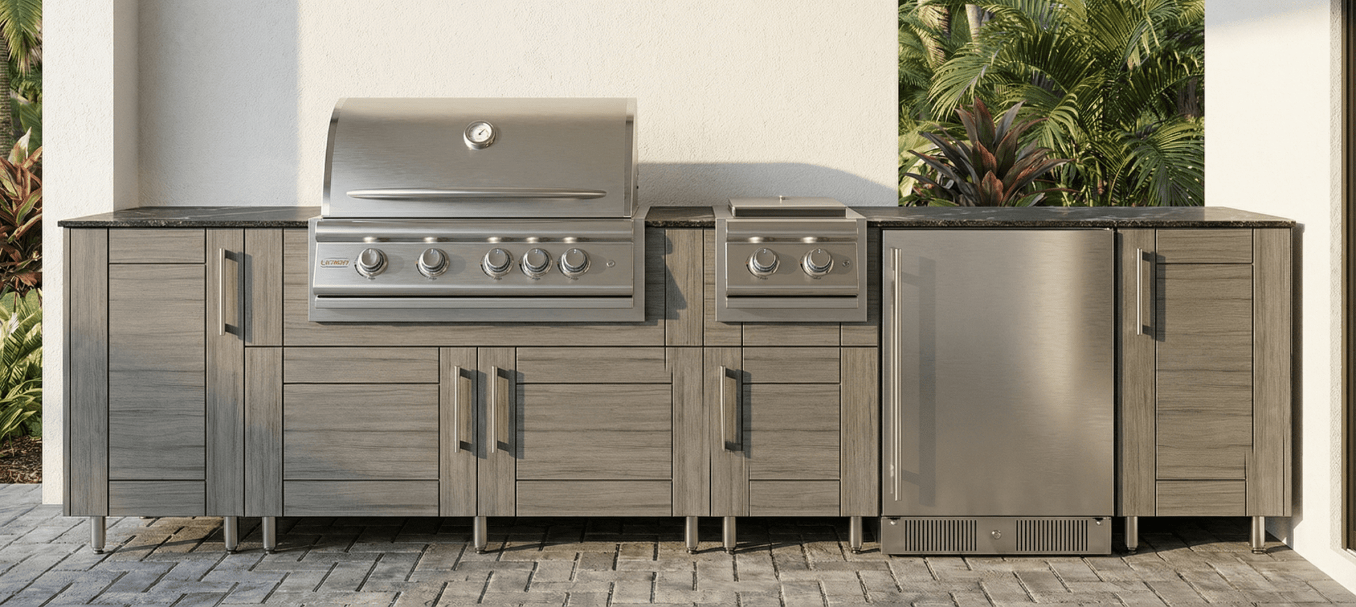 10 1/2 Ft WeatherStrong Outdoor Kitchen Island Ready For Grill, Side Burner & Refrigerator - Sunzout Outdoor Spaces LLC