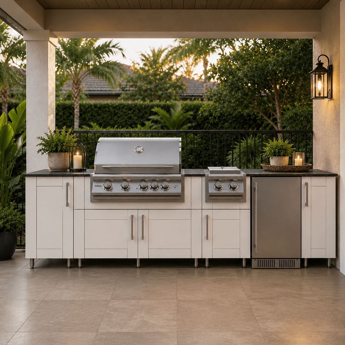 10 1/2 Ft WeatherStrong Outdoor Kitchen Island Ready For Grill, Side Burner & Refrigerator - Sunzout Outdoor Spaces LLC