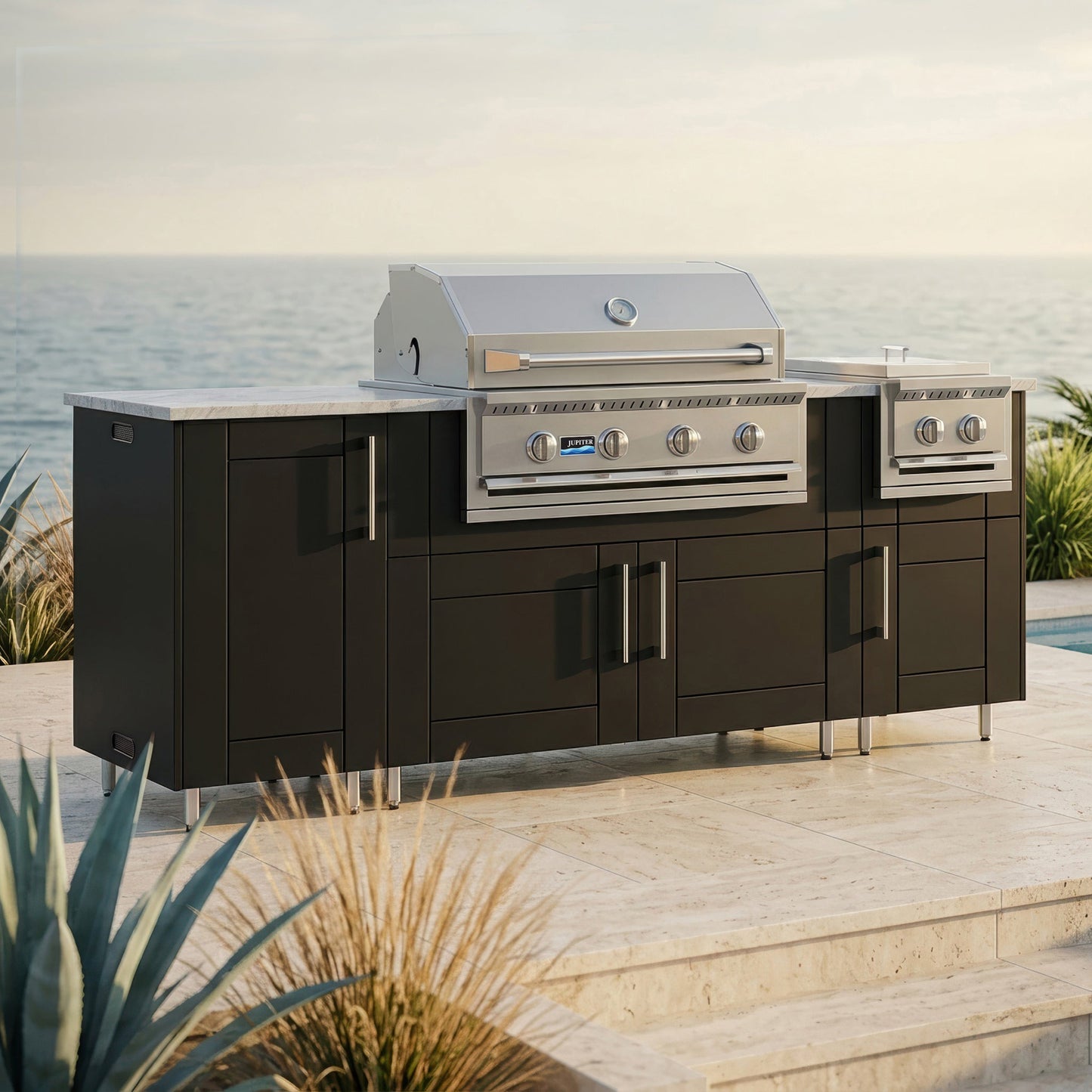 WeatherStrong 86" Sandbar HDPE Outdoor Kitchen Island with Grill & Side Burner
