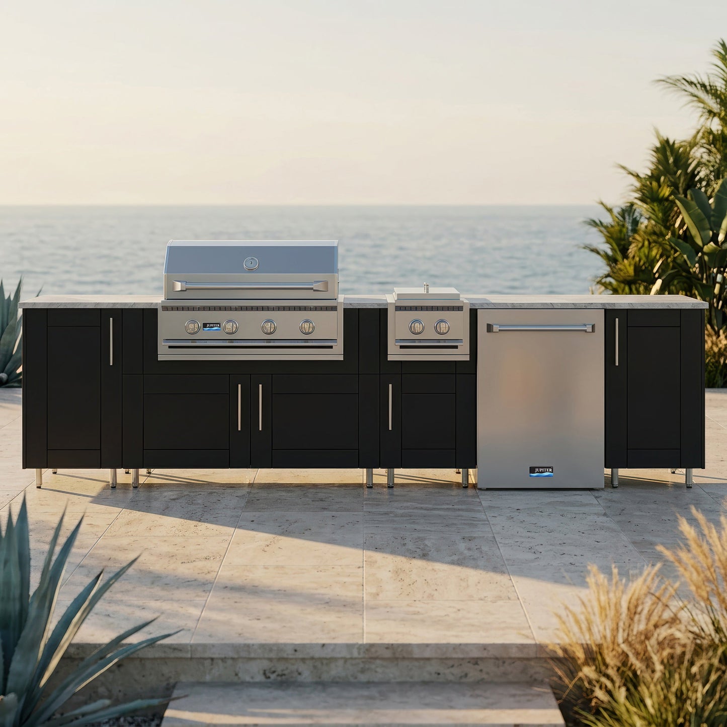 WeatherStrong 126" Breakwater HDPE Outdoor Kitchen Island with Grill, Side Burner & Refrigerator