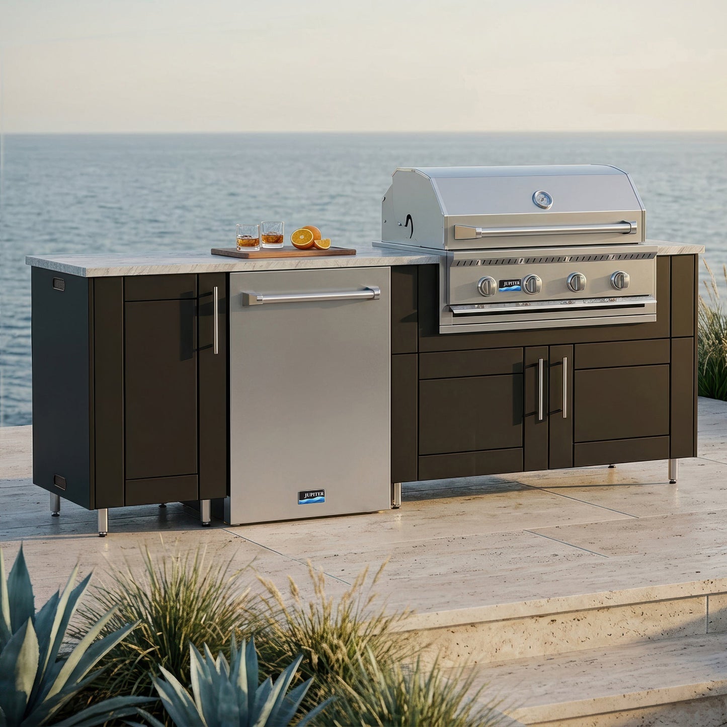 WeatherStrong 90" Bayside HDPE Outdoor Kitchen Island with Grill & Refrigerator