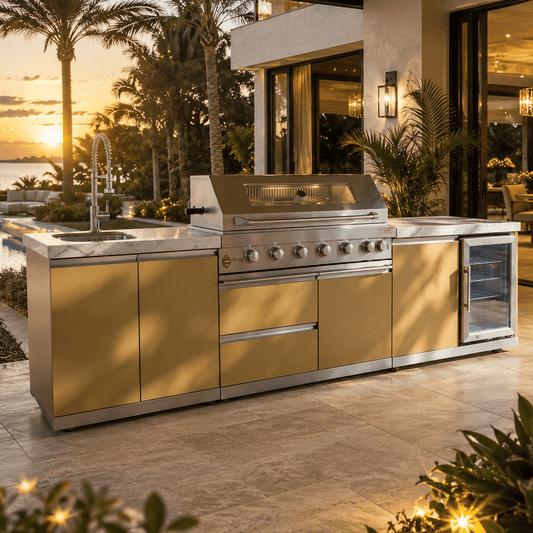A 103-inch designer series outdoor kitchen with stainless steel appliances, sink, and storage: ideal for hosting al-fresco dinners.