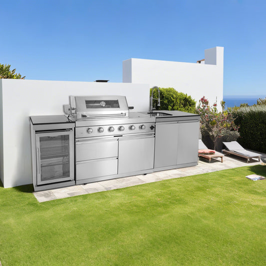 105 in. Sunzout Modular Outdoor Kitchen Island with a 32 Inch Grill and Sideburner, Refrigerator and Sink - Sunzout Outdoor Spaces LLC