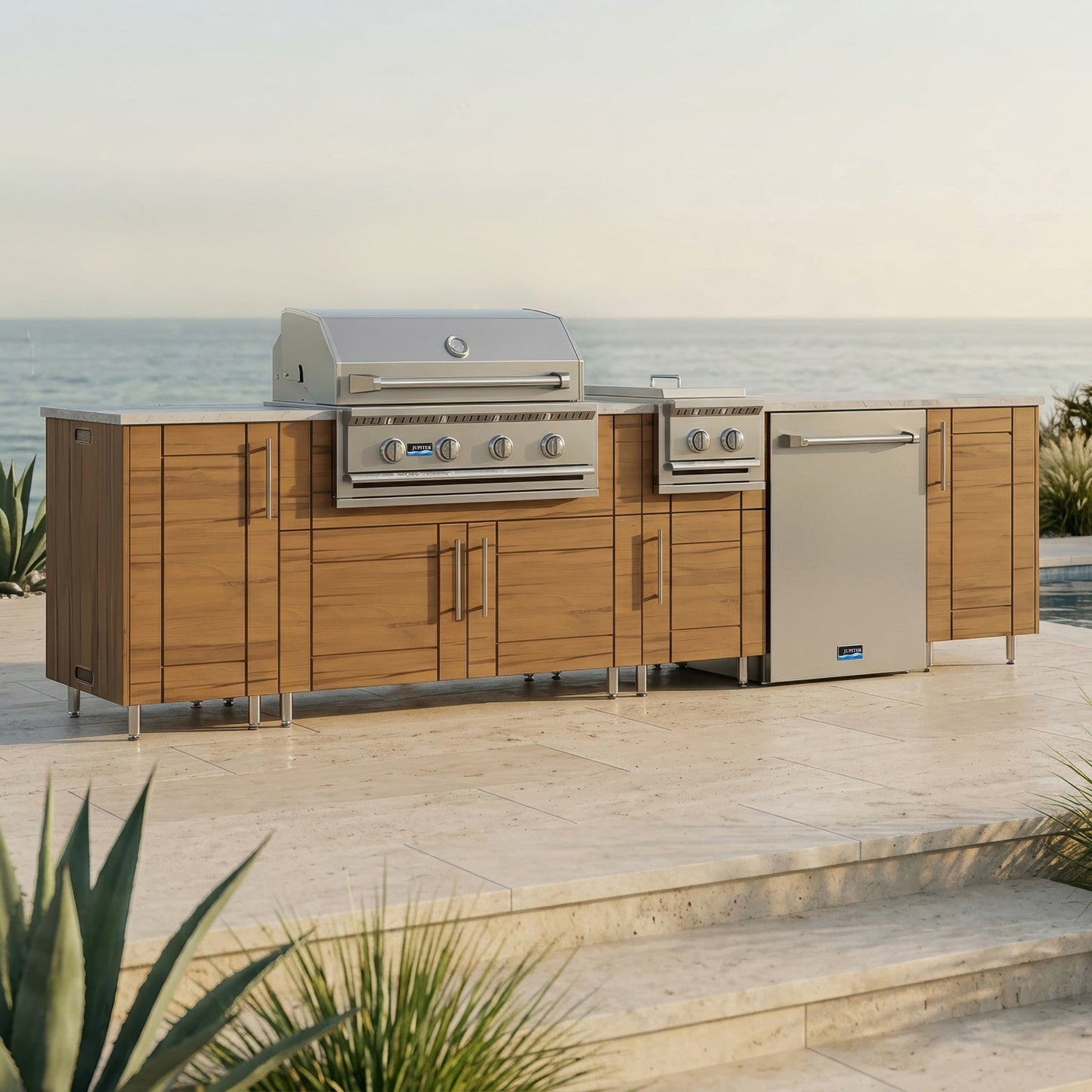 WeatherStrong 126" Breakwater HDPE Outdoor Kitchen Island with Grill, Side Burner & Refrigerator