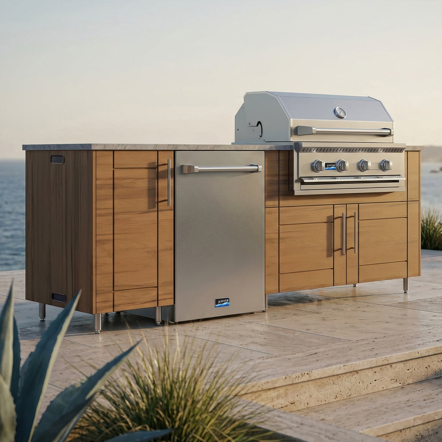 WeatherStrong 90" Bayside HDPE Outdoor Kitchen Island with Grill & Refrigerator