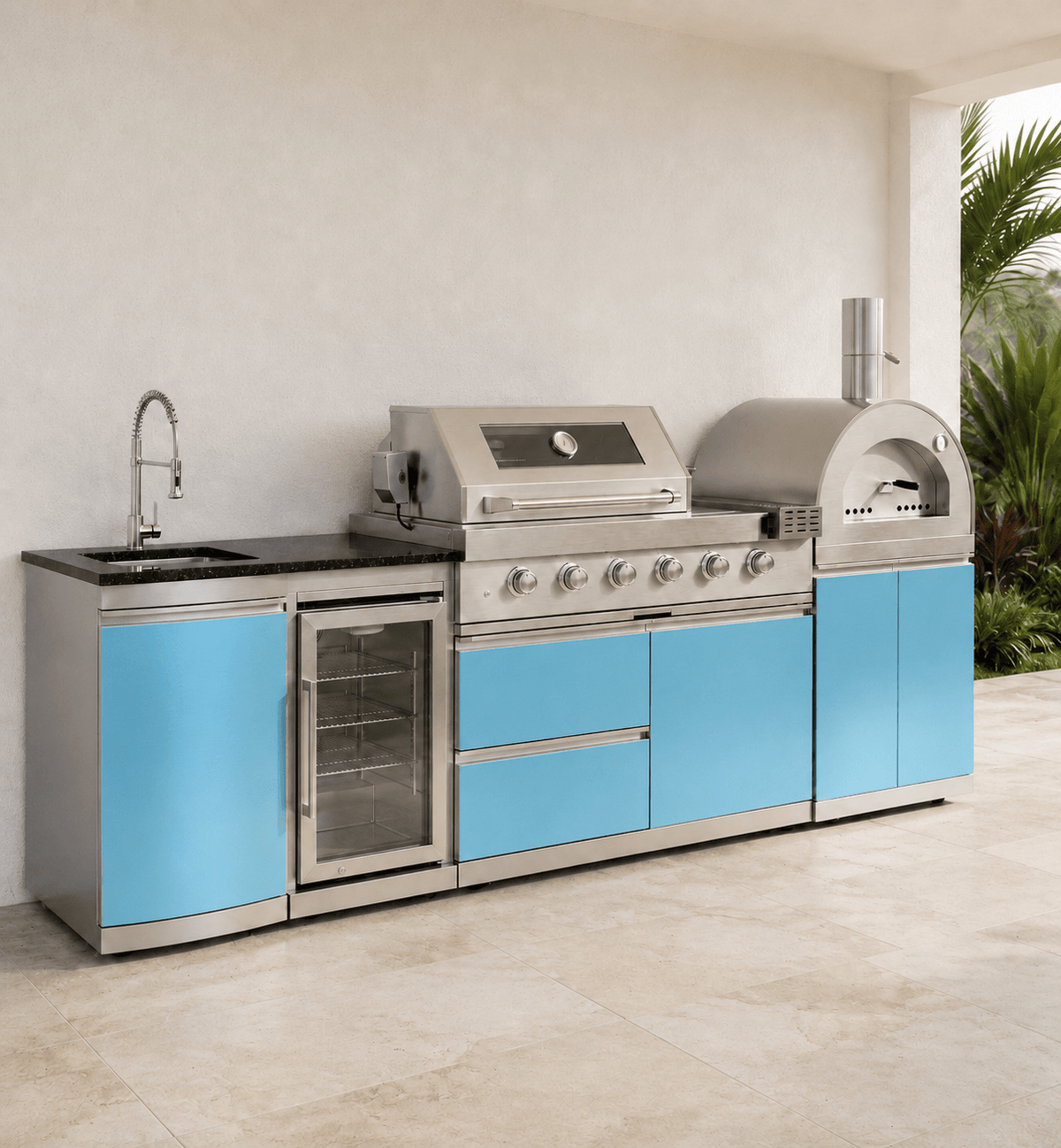 111.5" Designer Series Stainless Steel Outdoor Kitchen with Pizza Oven - Sink - Refrigerator - Grill and Side Burner - Sunzout Outdoor Spaces LLC