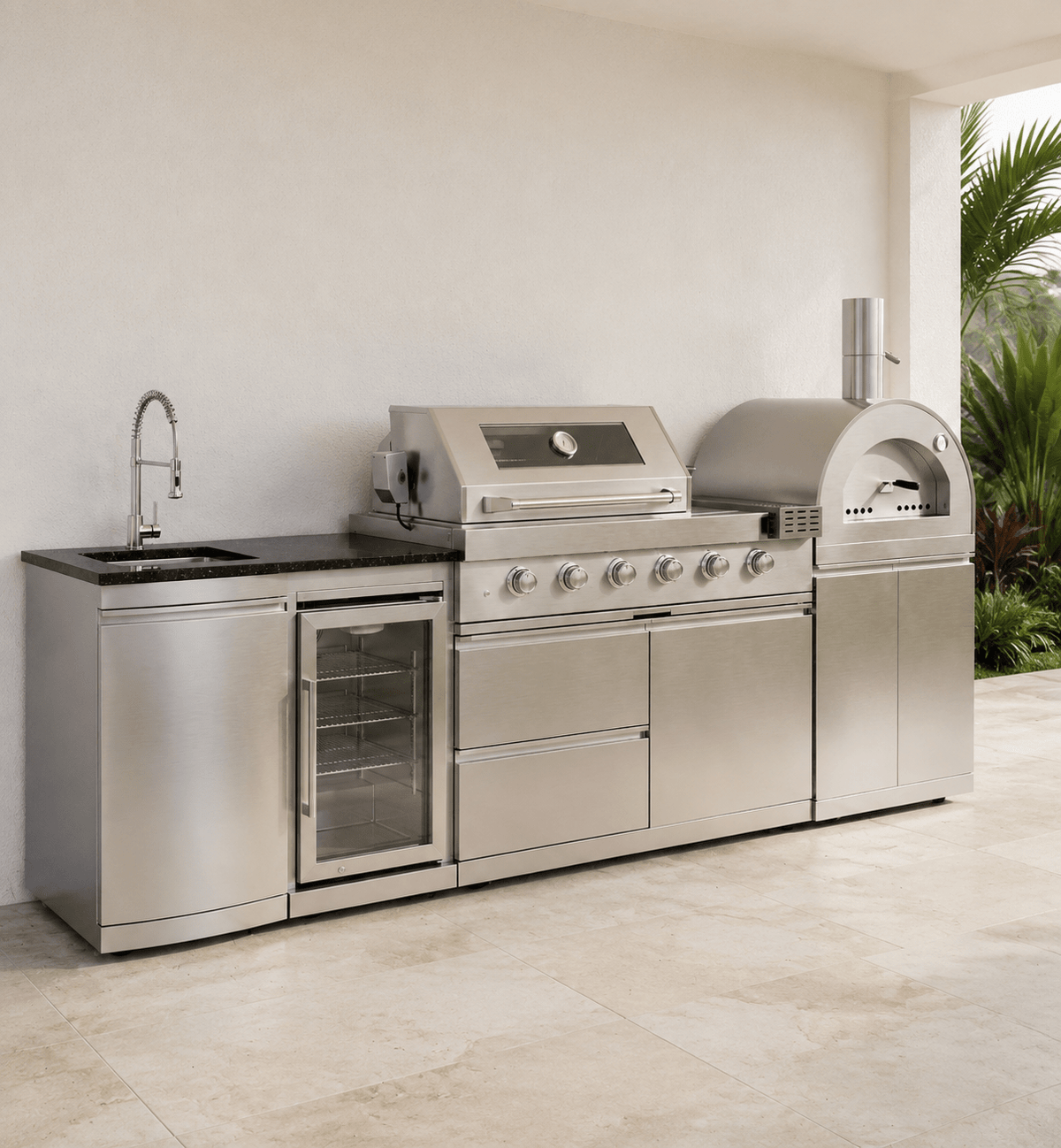 111.5" Stainless Steel Outdoor Kitchen with Pizza Oven - Sink - Refrigerator - Grill and Side Burner - Sunzout Outdoor Spaces LLC