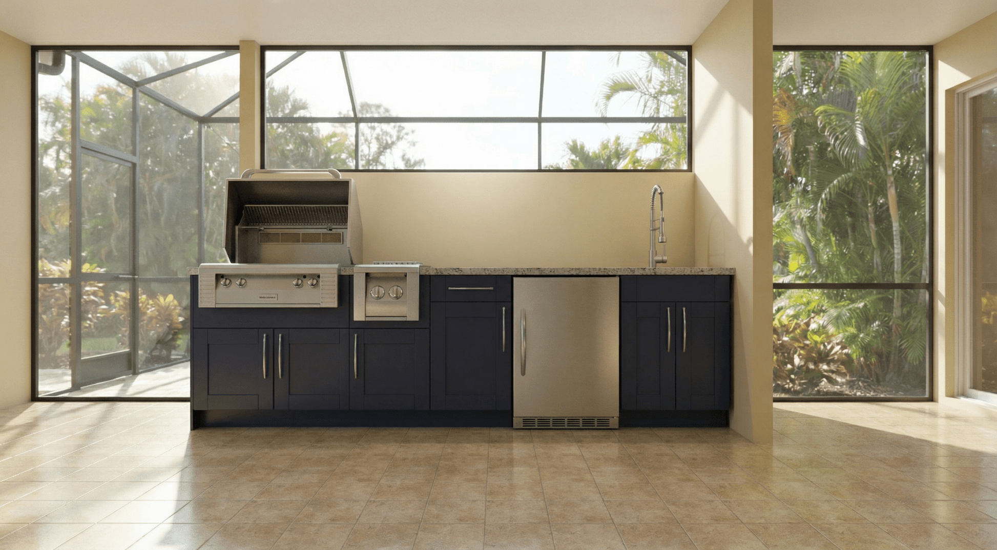 118 inch Weatherstrong Outdoor Kitchen READY for Grill, Side Burner Sink and Refrigerator - Sunzout Outdoor Spaces LLC