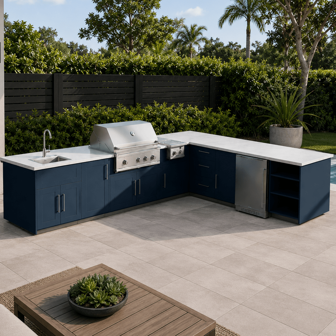 11ft.9in x 9ft.9in. WeatherStrong L - Shaped Outdoor Kitchen Island Ready For Sink, Grill, Side Burner and Refrigerator - Sunzout Outdoor Spaces LLC