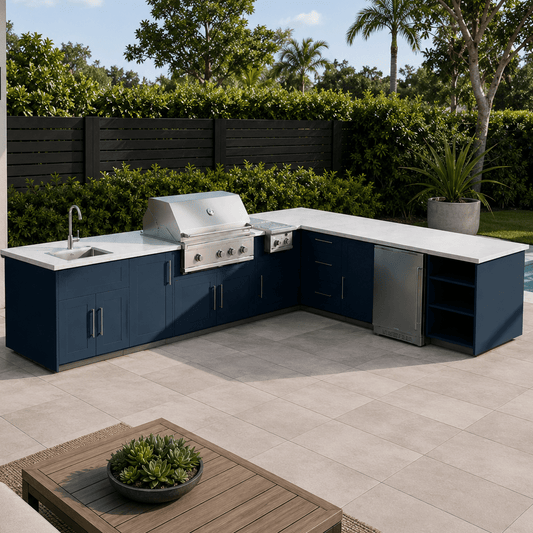 11ft.9in x 9ft.9in. WeatherStrong L - Shaped Outdoor Kitchen Island Ready For Sink, Grill, Side Burner and Refrigerator - Sunzout Outdoor Spaces LLC
