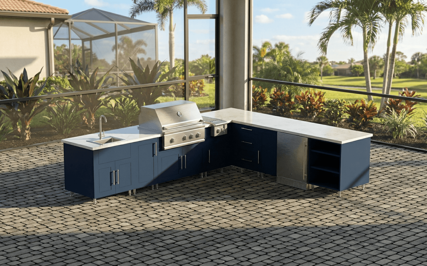 11ft.9in x 9ft.9in. WeatherStrong L - Shaped Outdoor Kitchen Island Ready For Sink, Grill, Side Burner and Refrigerator - Sunzout Outdoor Spaces LLC