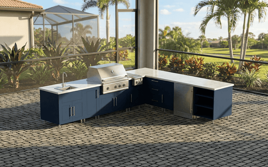 11ft.9in x 9ft.9in. WeatherStrong L - Shaped Outdoor Kitchen Island Ready For Sink, Grill, Side Burner and Refrigerator - Sunzout Outdoor Spaces LLC